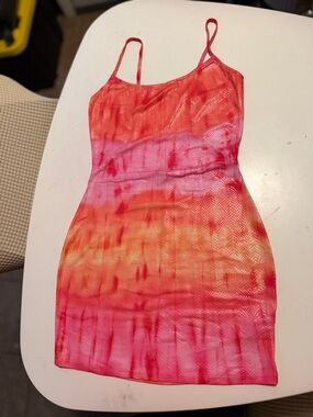 Fashion Nova Tie-Dye Mesh Slip Dress in Pink, Orange & Yellow